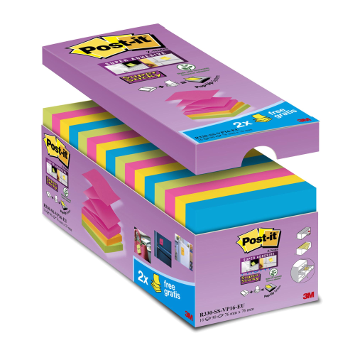 3M POST-IT SUPER STICKY BLOCCHETTI 90 FOGLI POST-IT 76MMx76MM COLORI ASSORTITI CONF. 14+2 Pz.